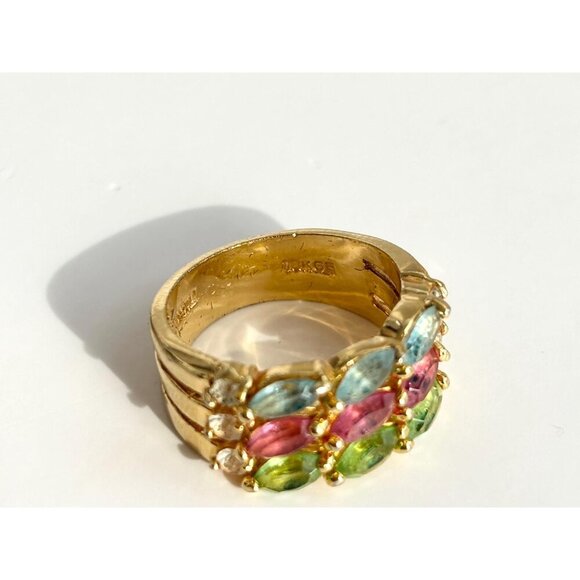 18k Gold HGE Multi Gemstone Triple Row Cocktail Vintage Ring - sz 6 - Picture 10 of 10